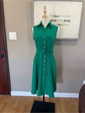 Sharagano Emerald Green Sleeveless Button-Front Midi Dress with Tie Waist